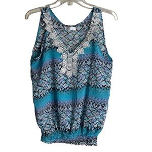 Women’s Lace V Neck Silk Blend Blue Sleeveless Top XL